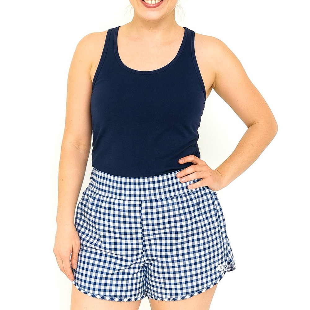 (A8) Johnny Was Calme Blue & White Gingham running Shorts II, womens size M, NWT